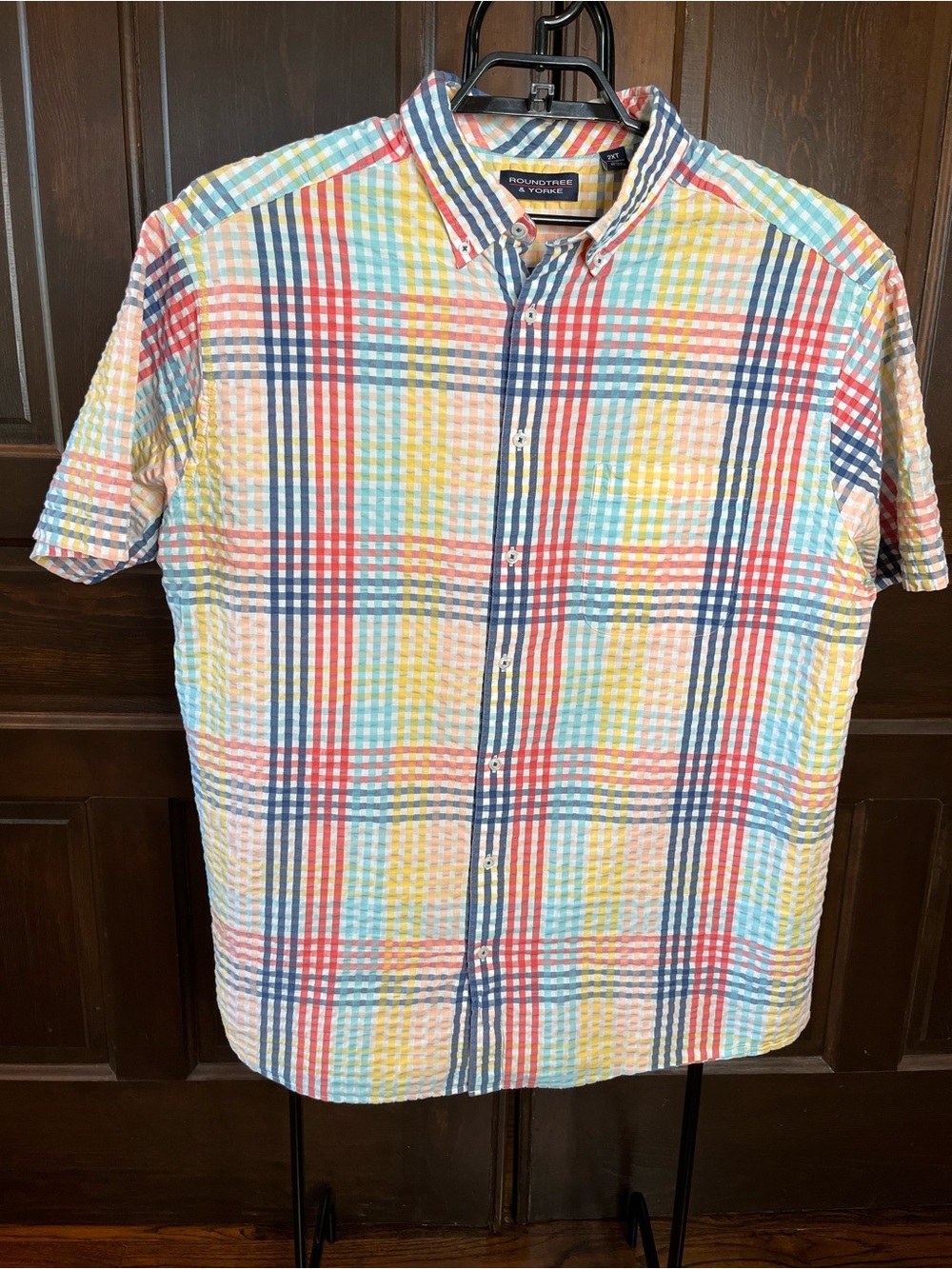 Roundtree & Yorke Seersucker Plaid Shirt Short Sleeve Multicolor Men's 2XT Tall